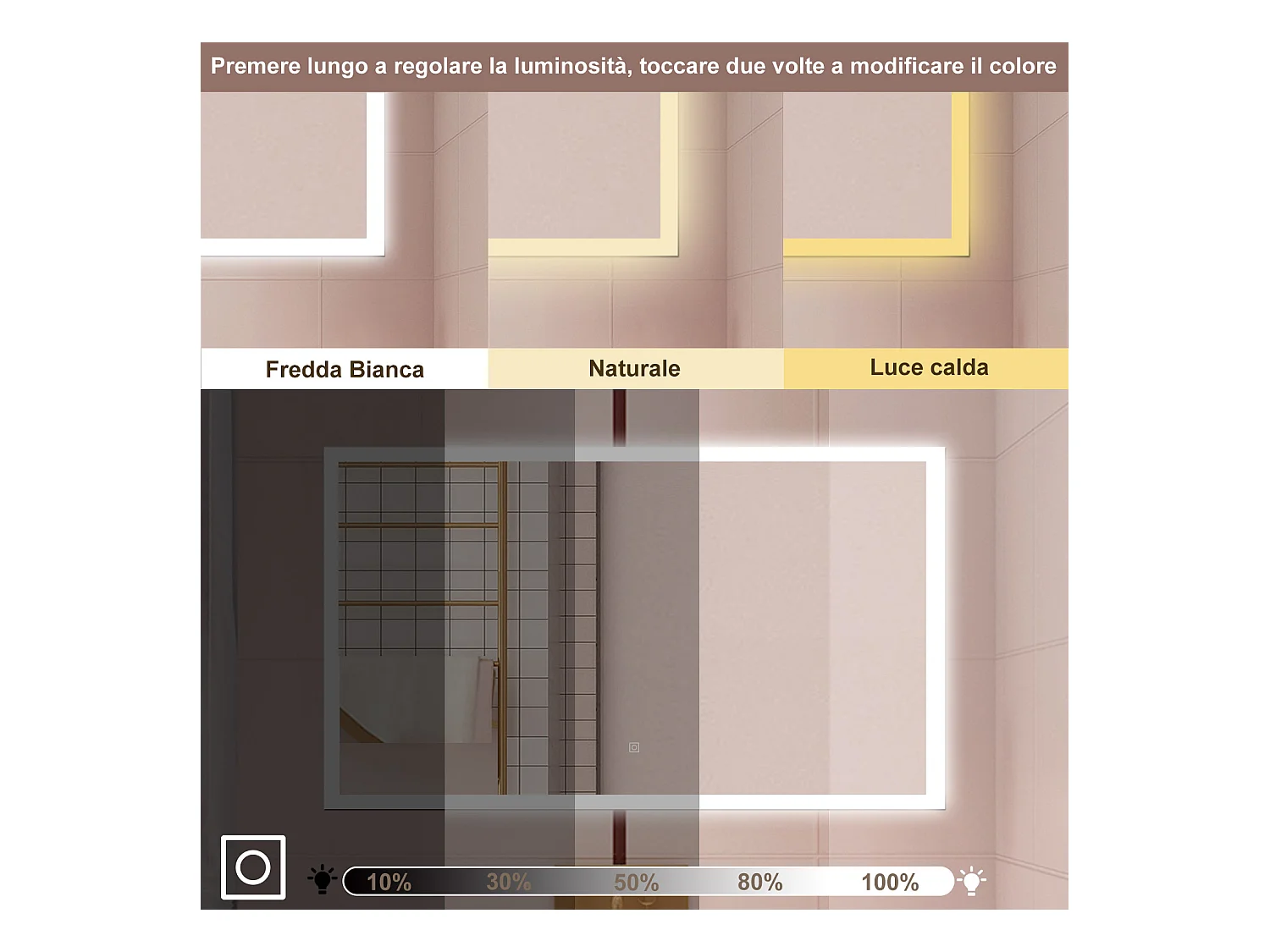 AICA Specchio da bagno  90 x 70 cm, dimmerabile, Funzione Memoria, antiappannamento, 3 colori