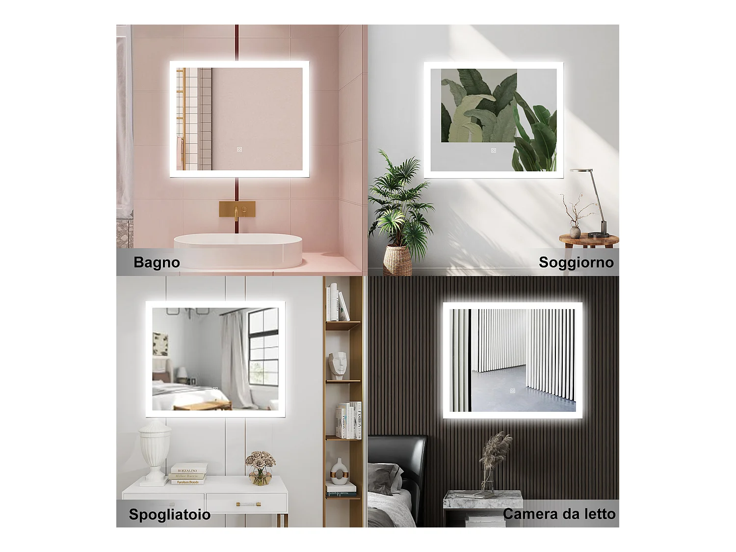 AICA Specchio da bagno  90 x 70 cm, dimmerabile, Funzione Memoria, antiappannamento, 3 colori