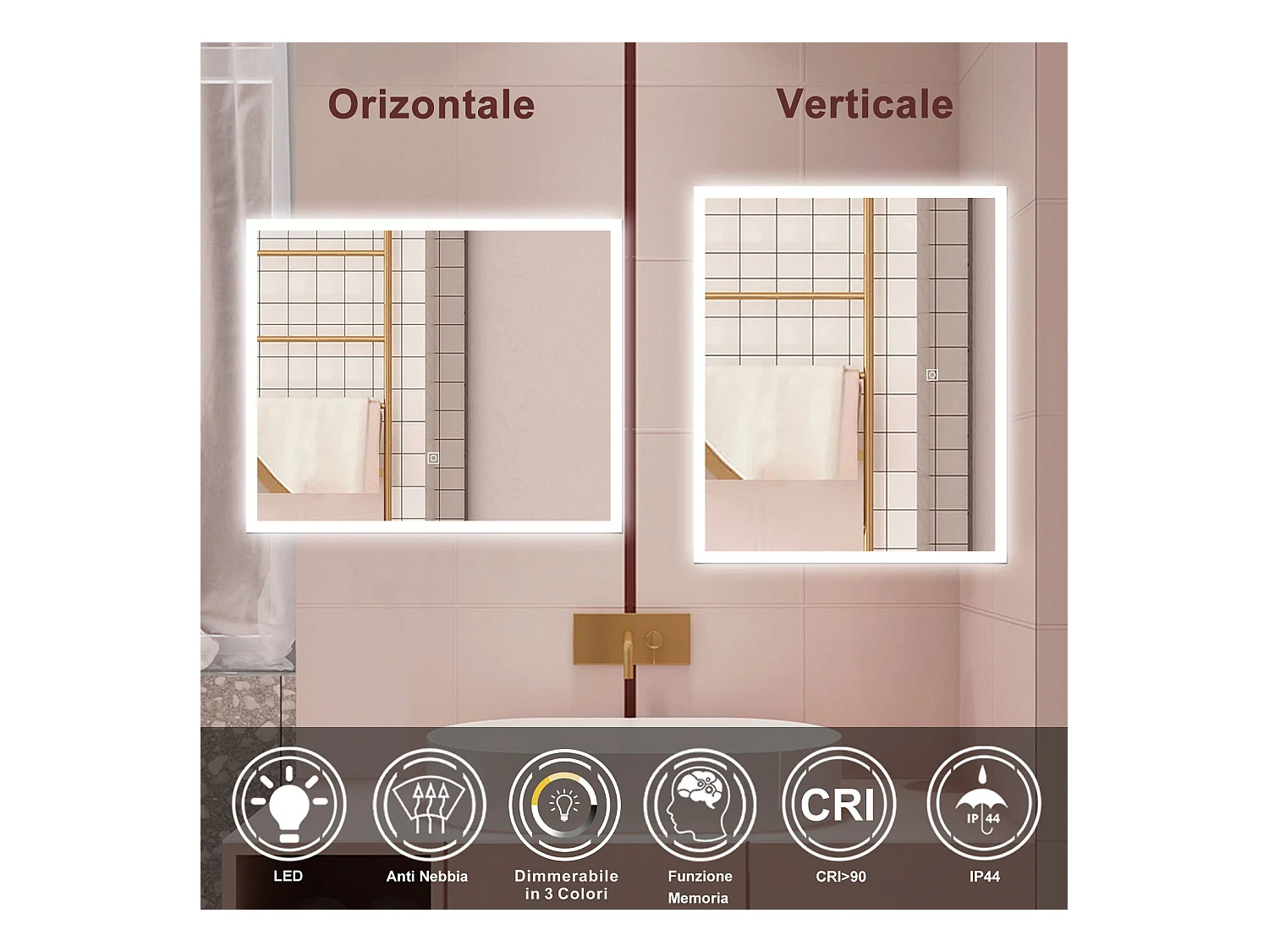 AICA Specchio da bagno  90 x 70 cm, dimmerabile, Funzione Memoria, antiappannamento, 3 colori