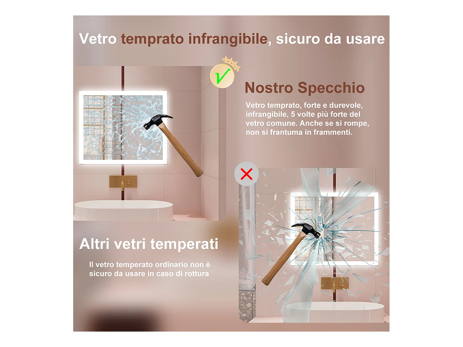 AICA Specchio da bagno  90 x 70 cm, dimmerabile, Funzione Memoria, antiappannamento, 3 colori