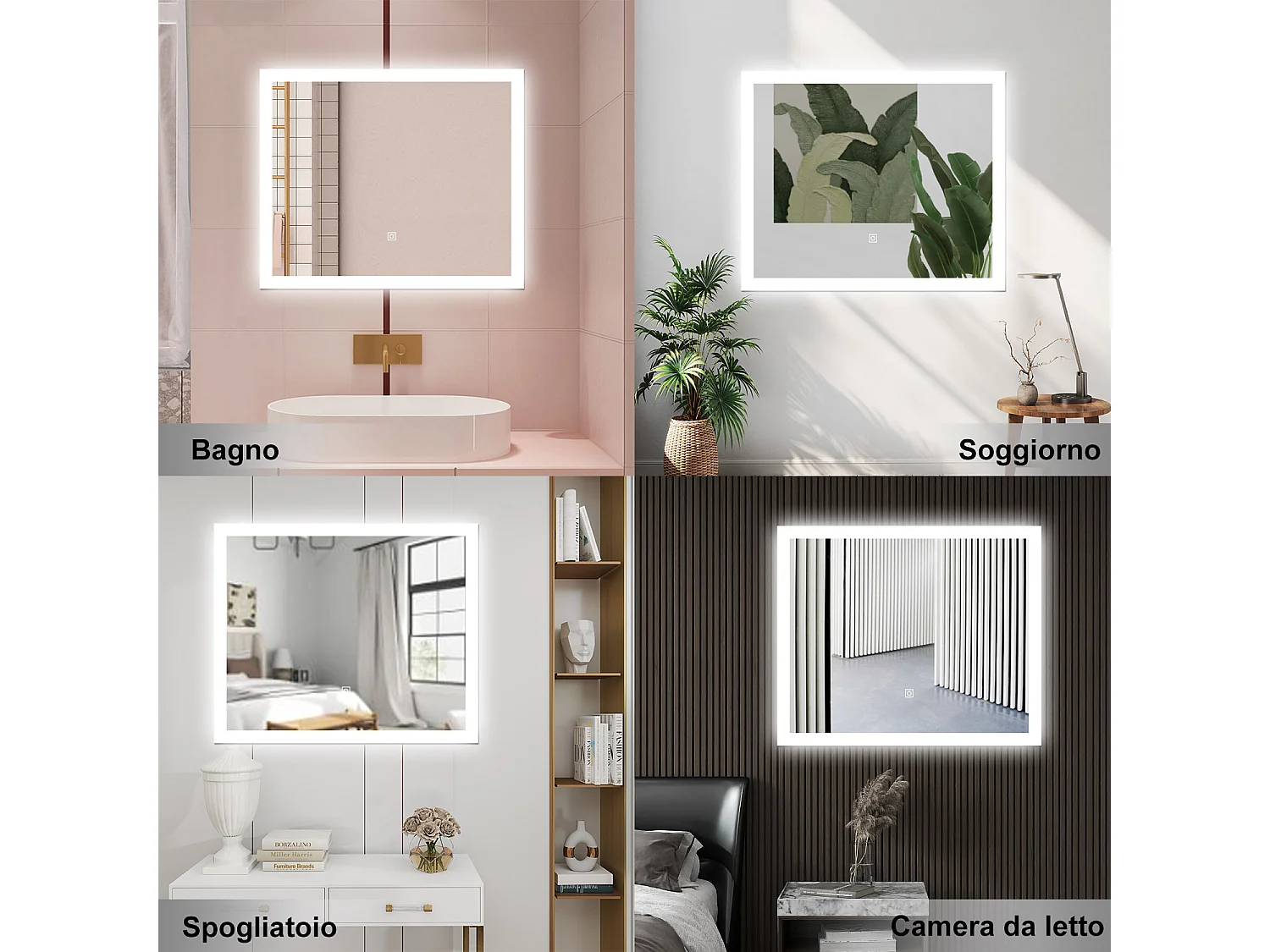 AICA Specchio da bagno  90 x 70 cm, dimmerabile, Funzione Memoria, antiappannamento, 3 colori