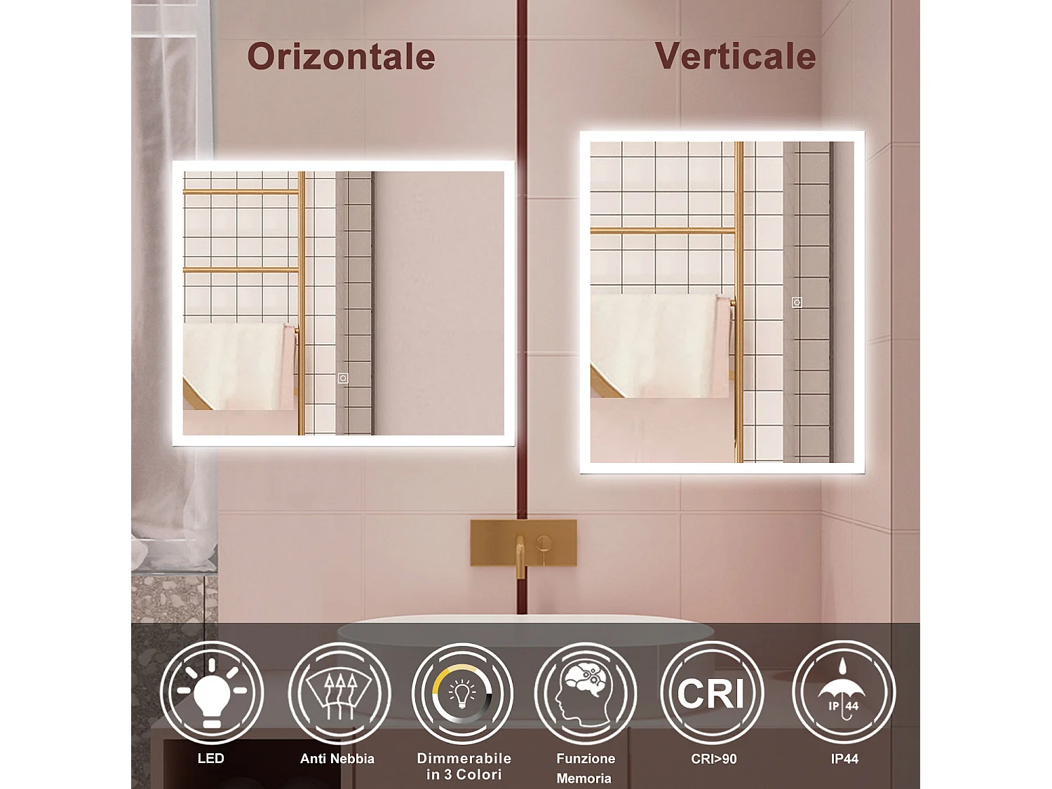 AICA Specchio da bagno  90 x 70 cm, dimmerabile, Funzione Memoria, antiappannamento, 3 colori