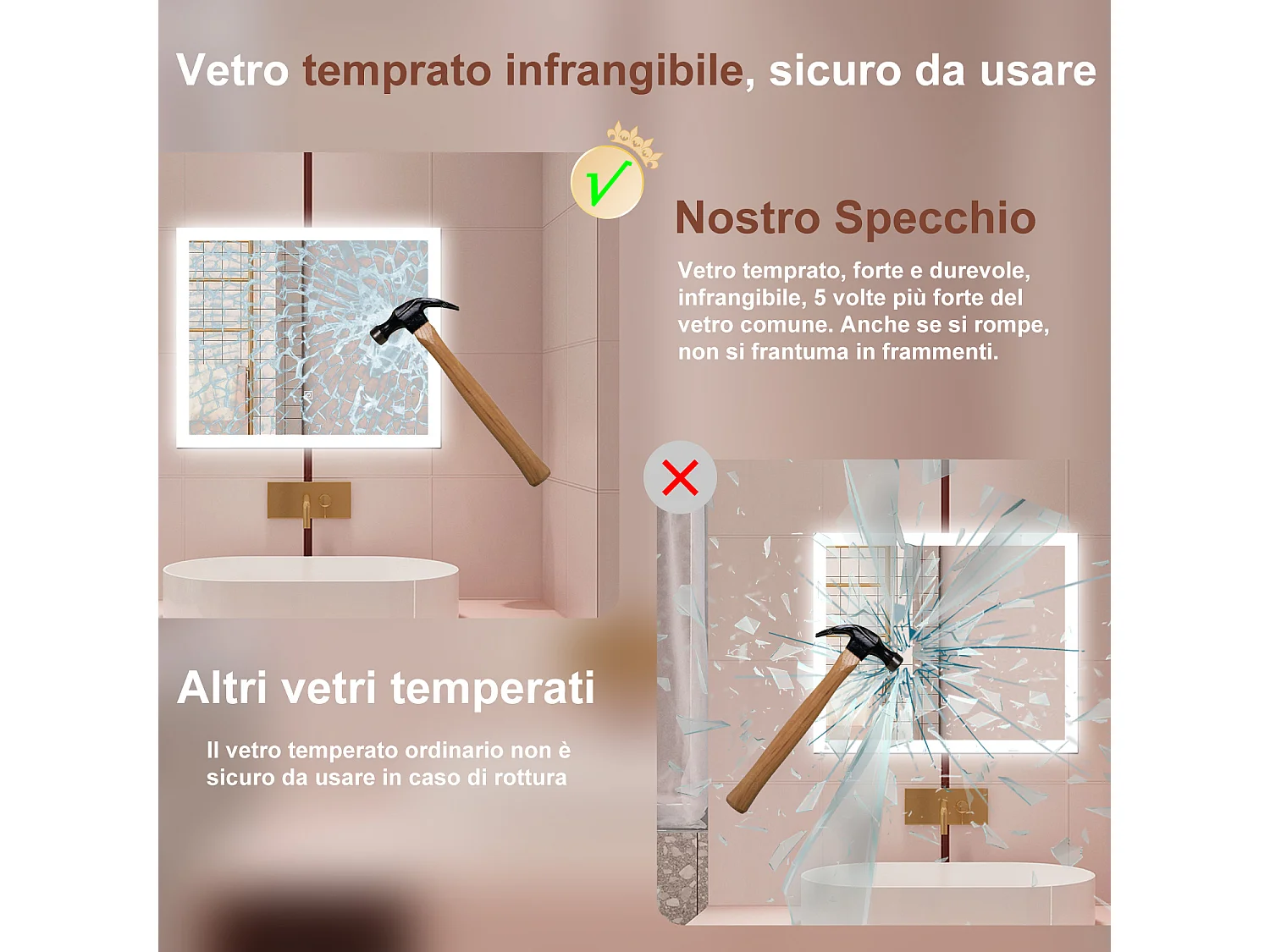 AICA Specchio da bagno  90 x 70 cm, dimmerabile, Funzione Memoria, antiappannamento, 3 colori