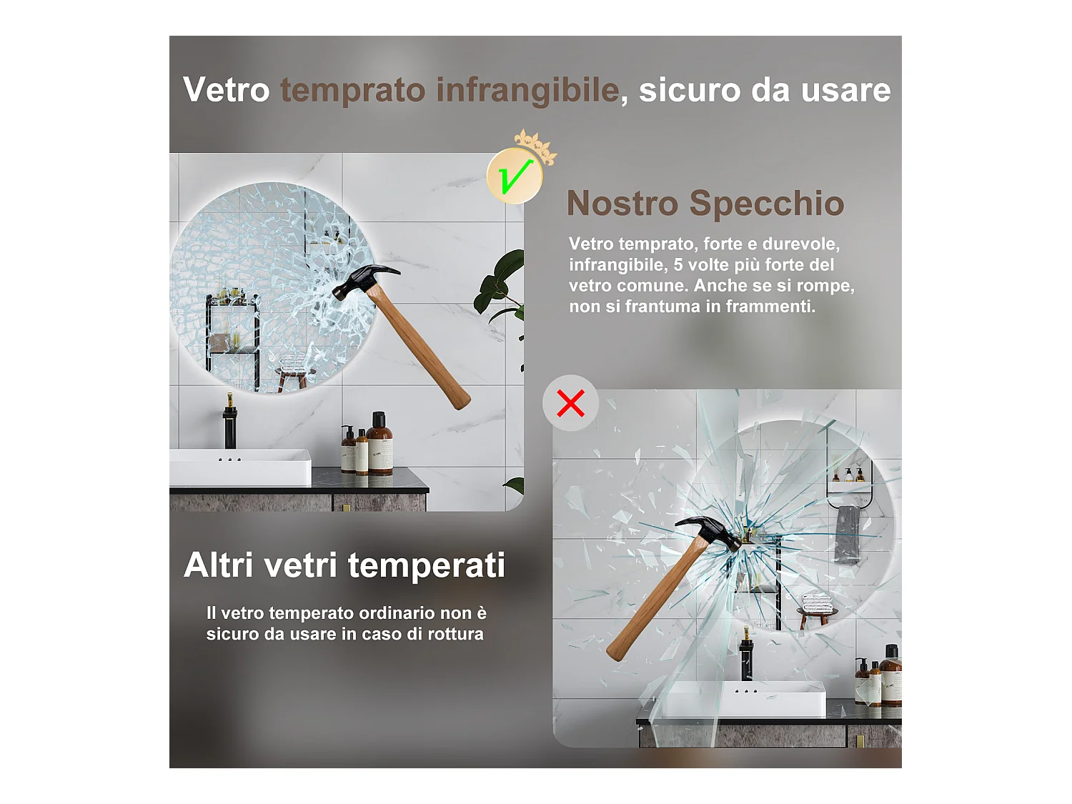 AICA Specchio da bagno 70 x 70 cm, antiappannamento, dimmerabile, interruttore touch, Funzione Memoria