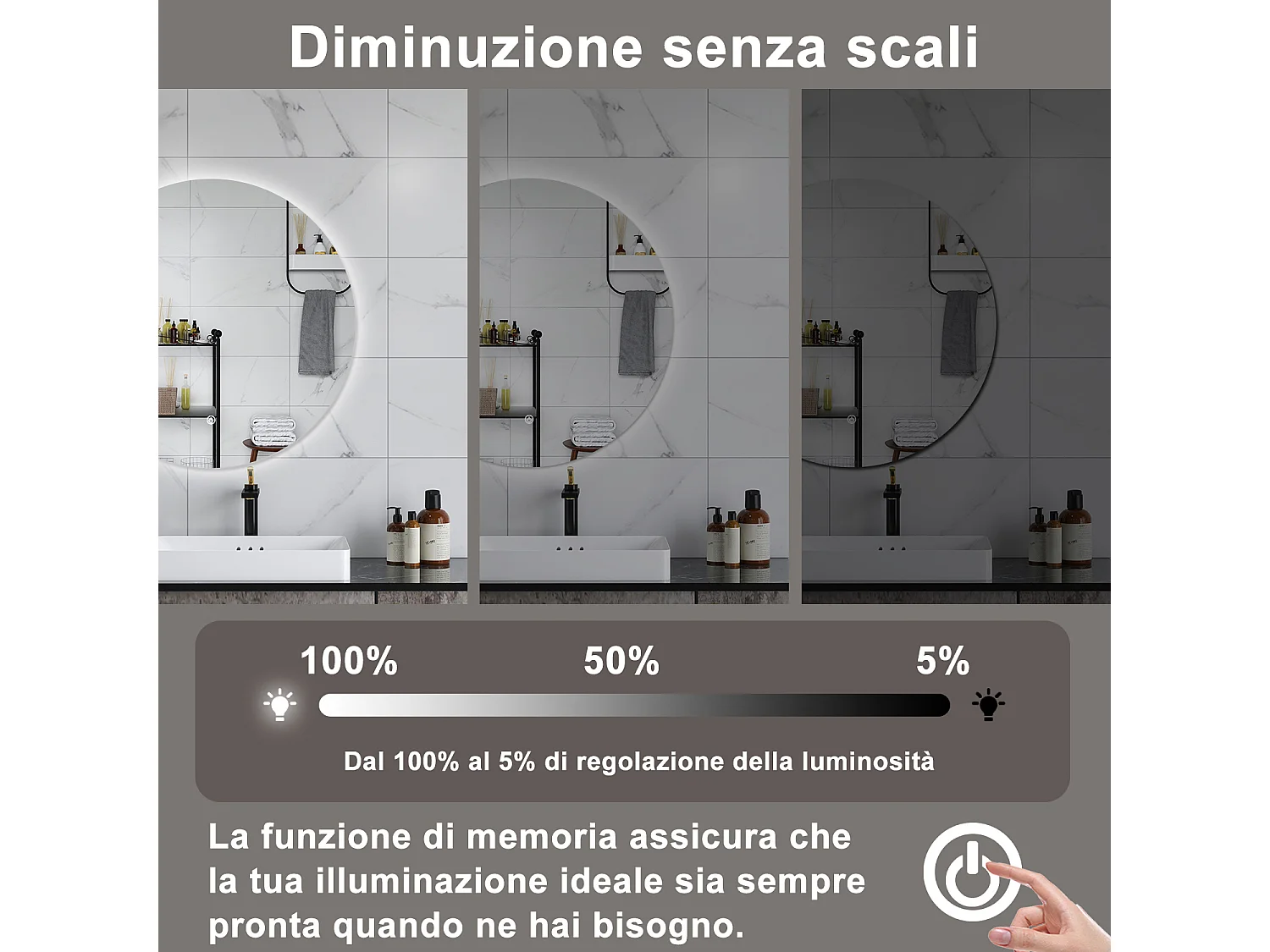AICA Specchio da bagno 70 x 70 cm, antiappannamento, dimmerabile, interruttore touch, Funzione Memoria