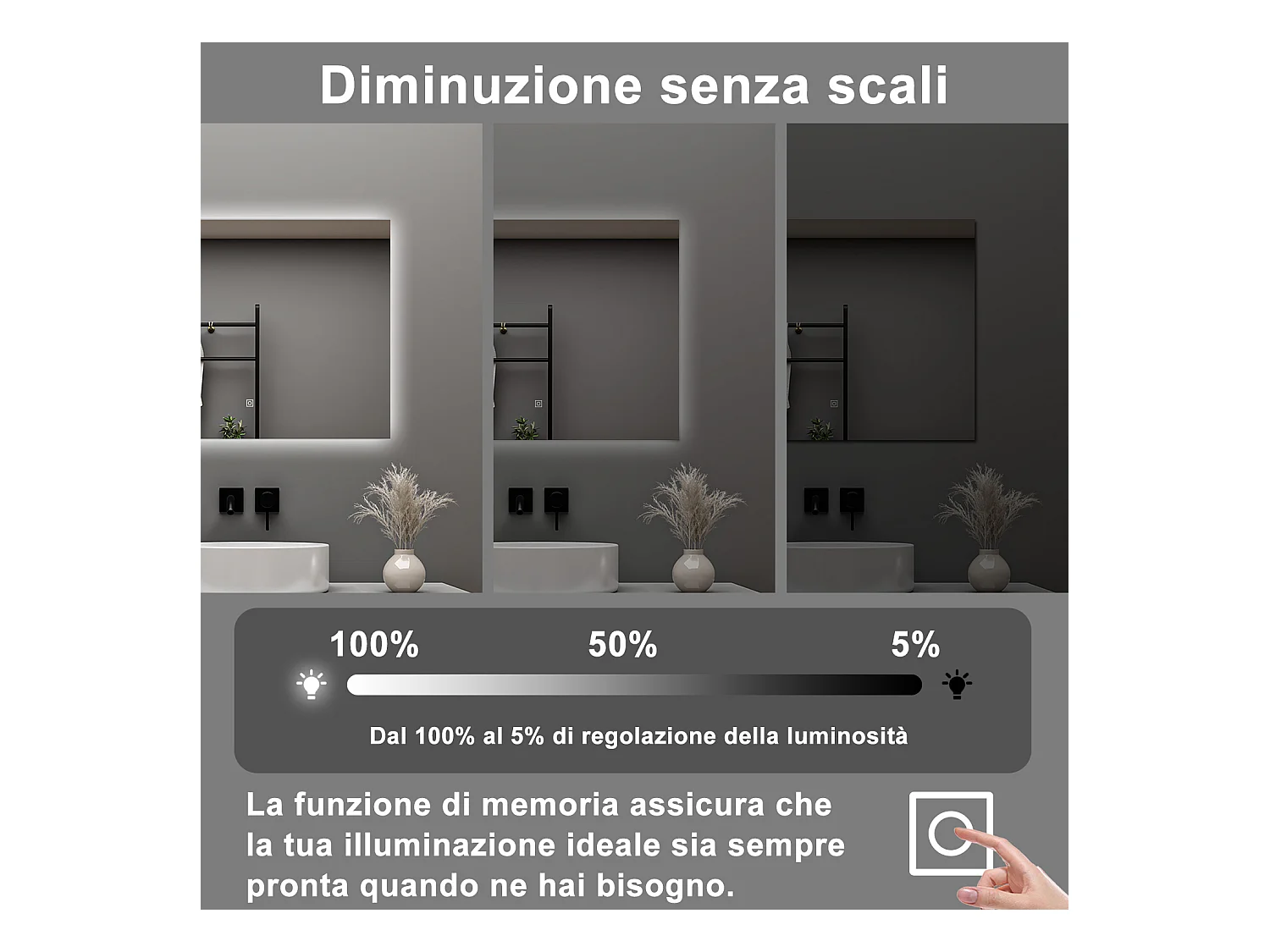 AICA Specchio da bagno 90 x 70 cm, antiappannamento, dimmerabile, interruttore touch, Funzione Memoria