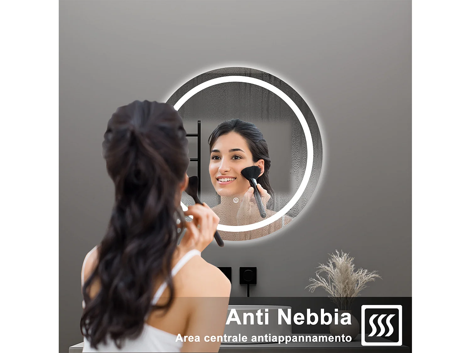 AICA Specchio da bagno 60 x 60 cm, antiappannamento, dimmerabile, interruttore touch, Funzione Memoria