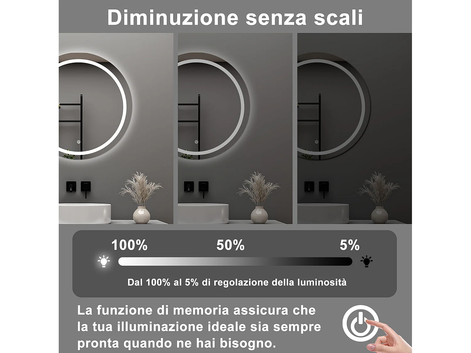 AICA Specchio da bagno 60 x 60 cm, antiappannamento, dimmerabile, interruttore touch, Funzione Memoria