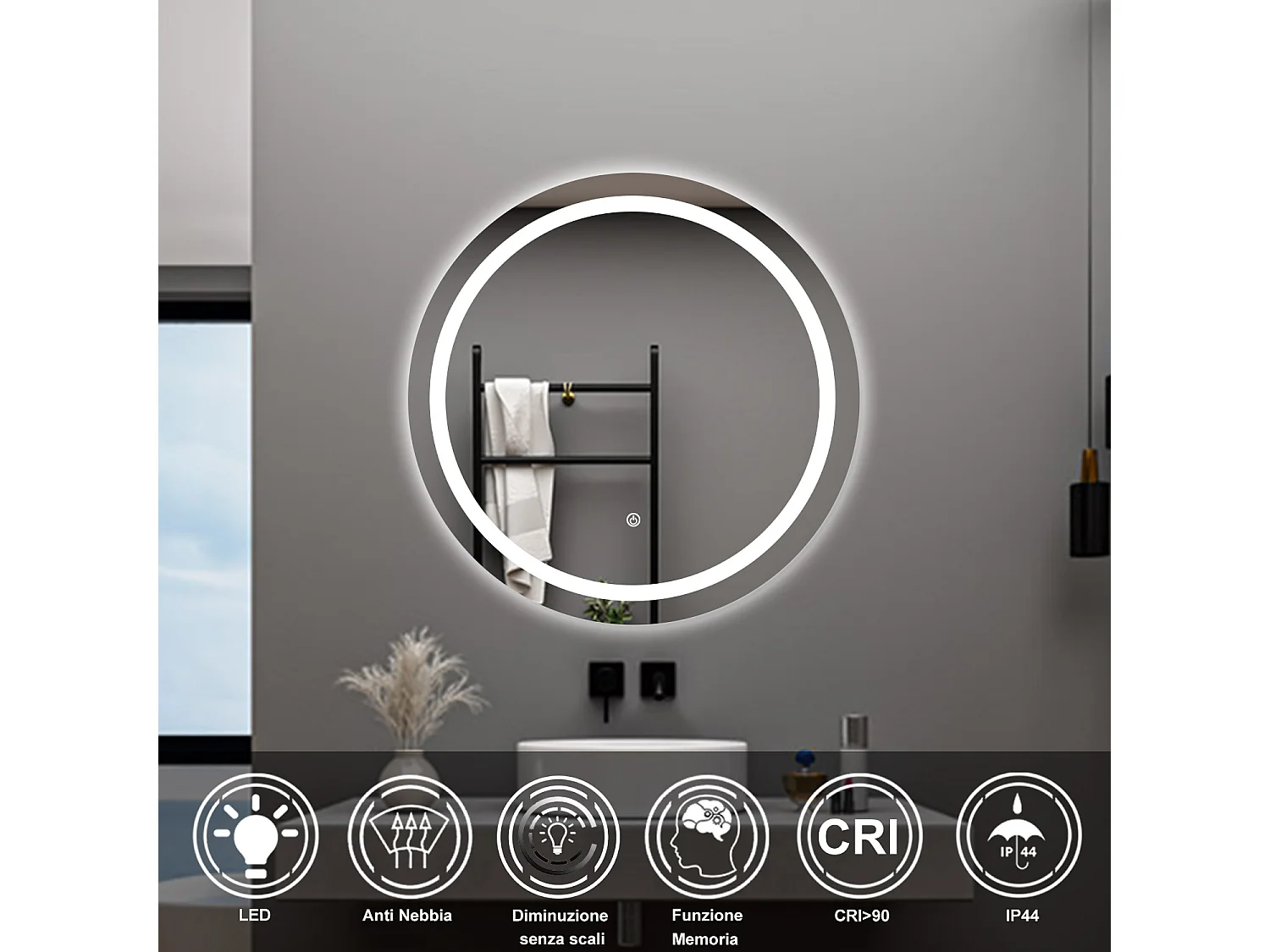 AICA Specchio da bagno 60 x 60 cm, antiappannamento, dimmerabile, interruttore touch, Funzione Memoria