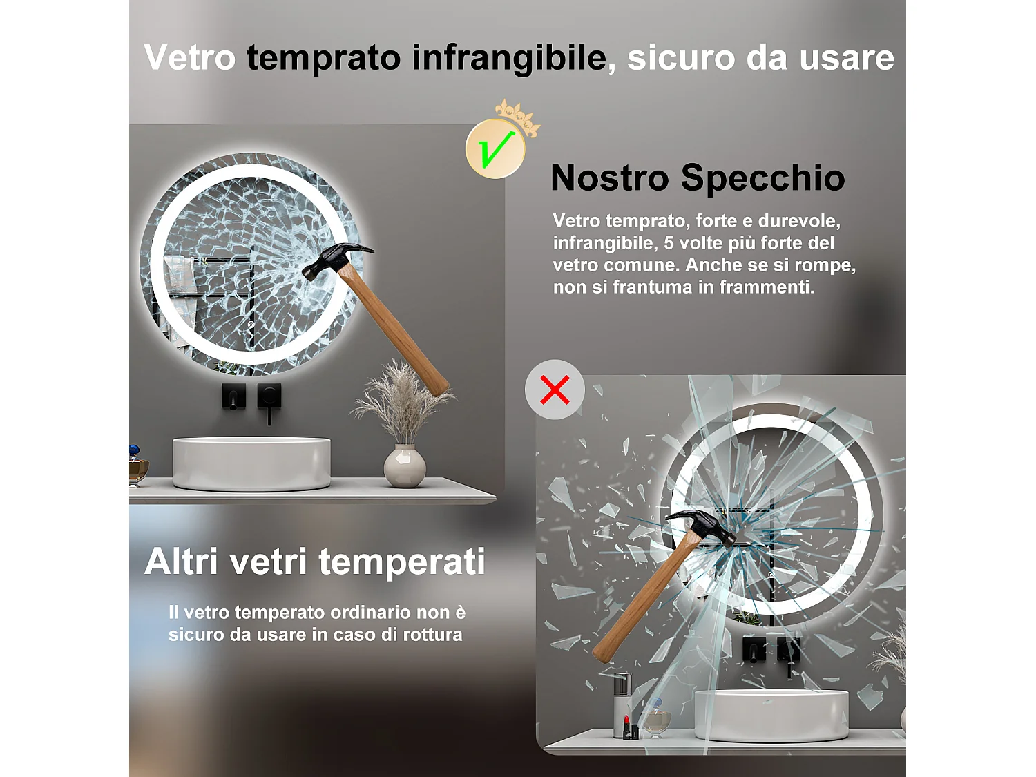 AICA Specchio da bagno 60 x 60 cm, antiappannamento, dimmerabile, interruttore touch, Funzione Memoria