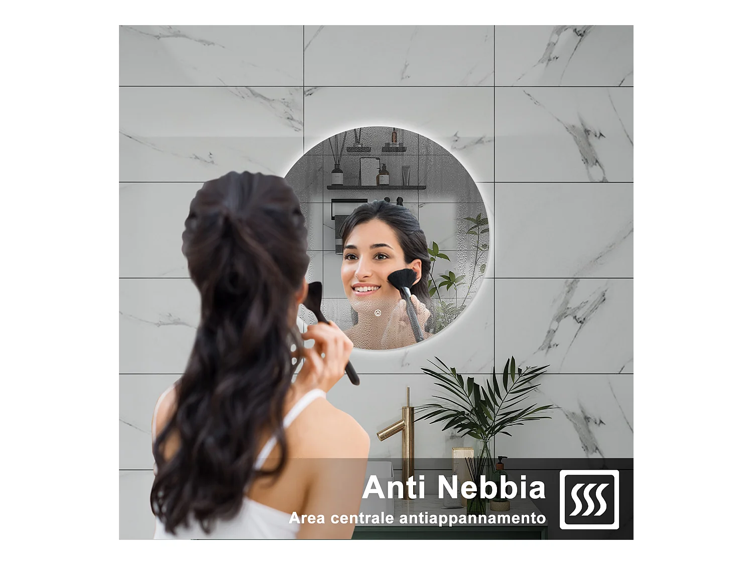 AICA Specchio da bagno 90 x 90 cm, antiappannamento, dimmerabile, interruttore touch, Funzione Memoria