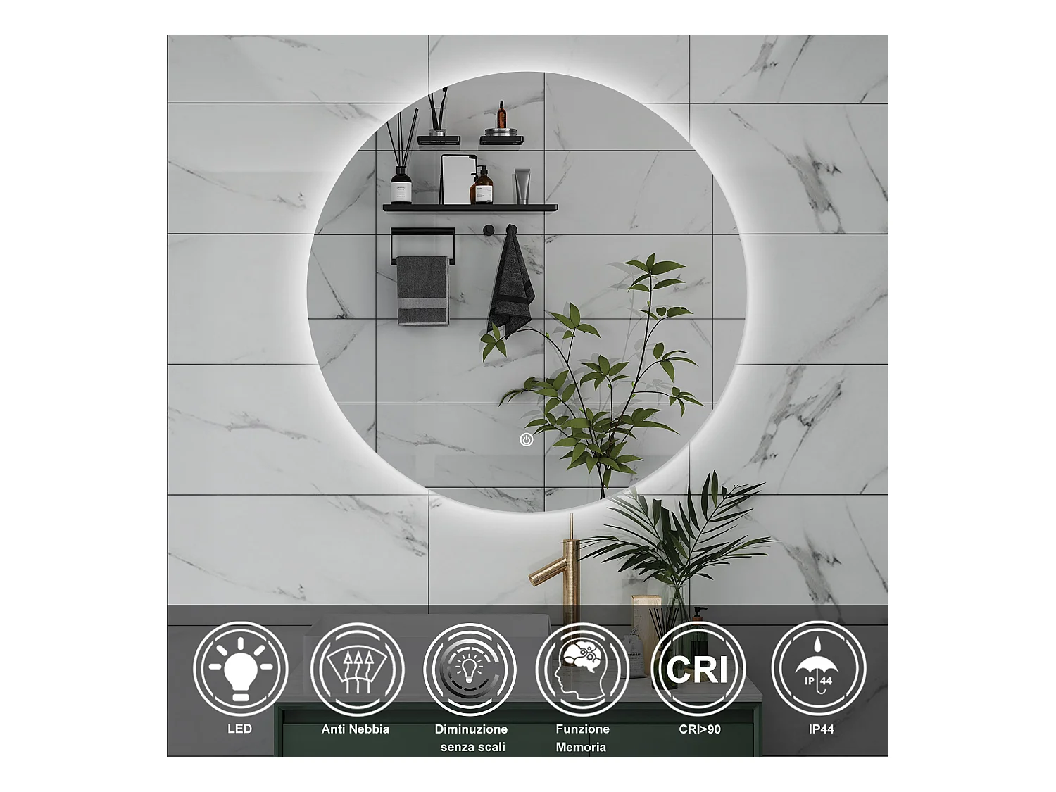 AICA Specchio da bagno 90 x 90 cm, antiappannamento, dimmerabile, interruttore touch, Funzione Memoria
