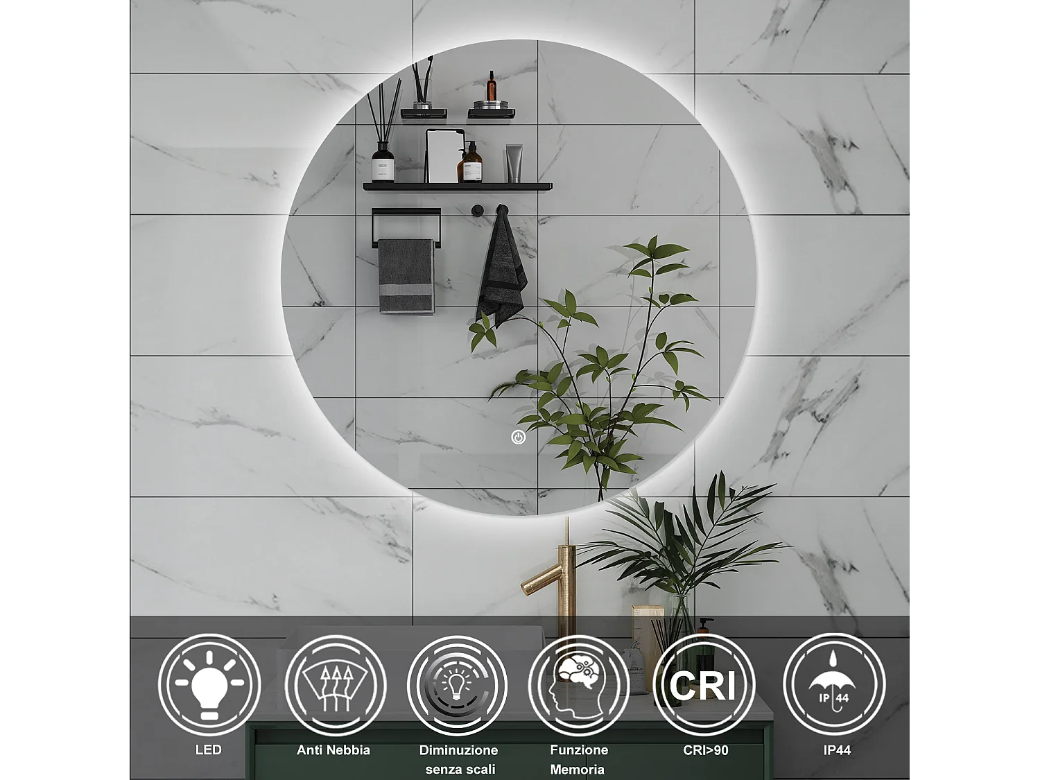 AICA Specchio da bagno 90 x 90 cm, antiappannamento, dimmerabile, interruttore touch, Funzione Memoria