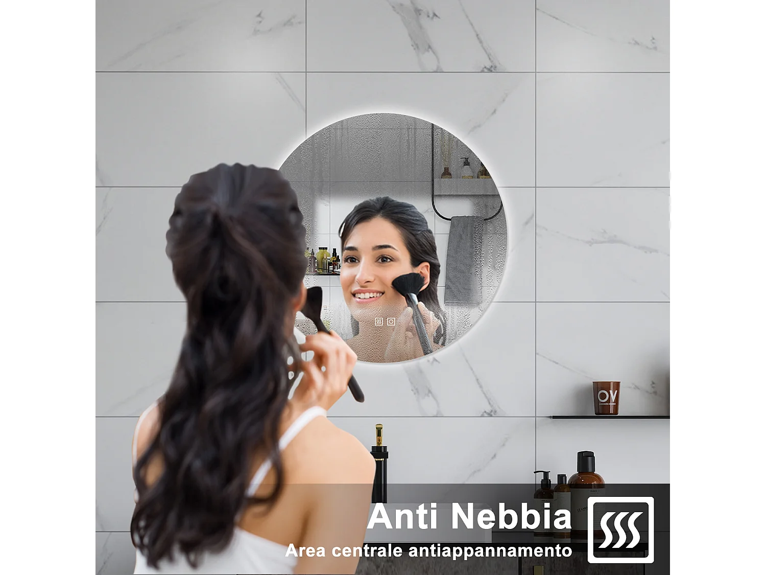 AICA Specchio da bagno 90 x 90 cm, 3 colori, antiappannamento, dimmerabile, interruttore touch, Funzione Memoria