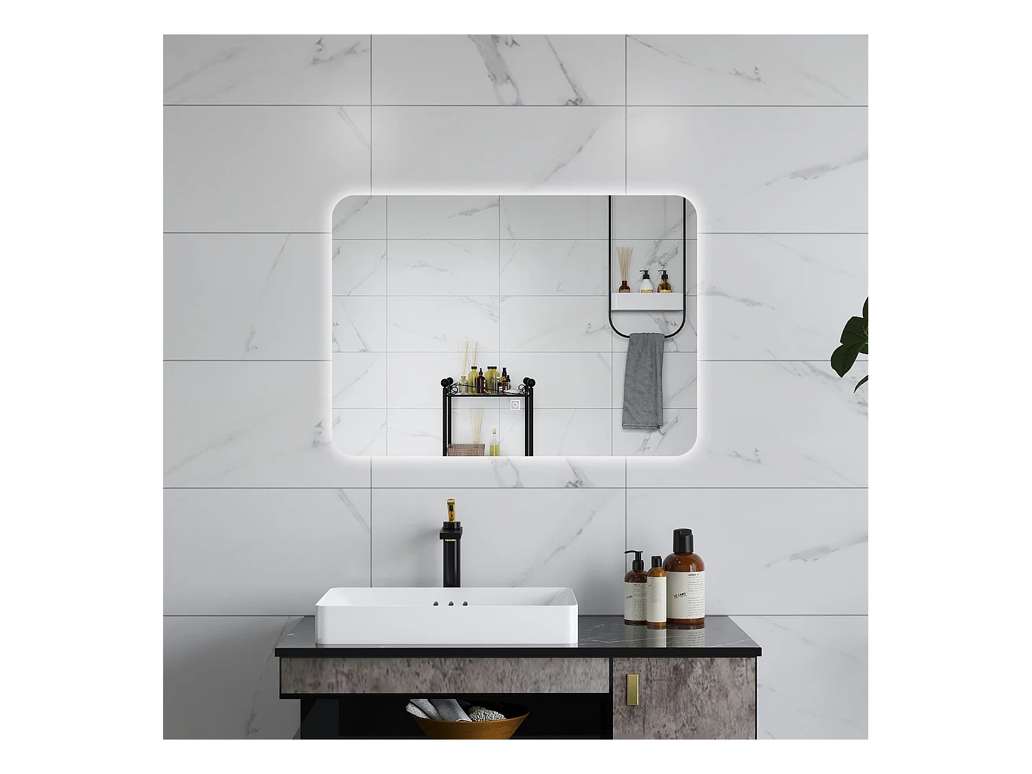 AICA Specchio da bagno 80 x 60 cm, dimmerabile, interruttore touch, Funzione Memoria