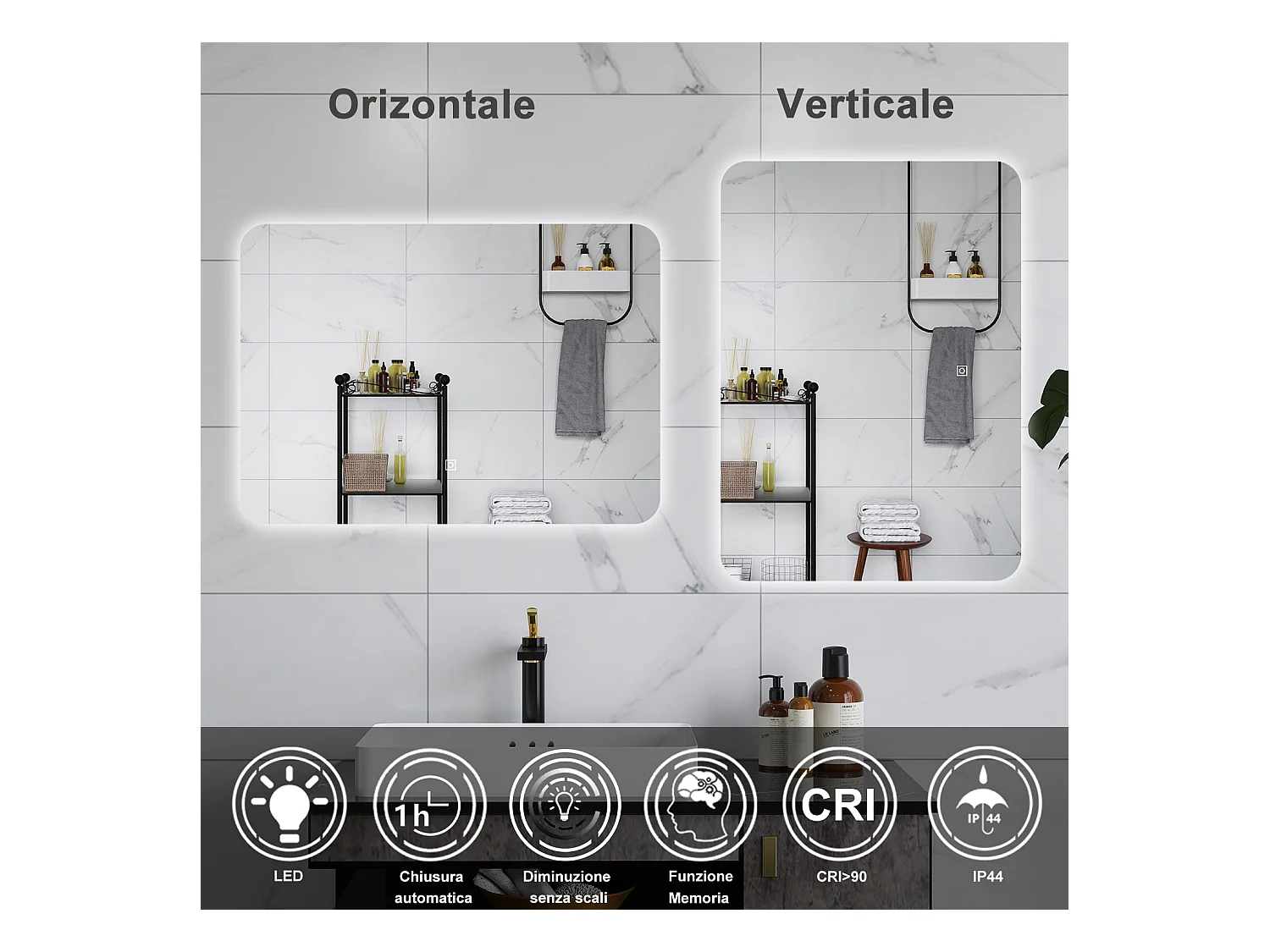 AICA Specchio da bagno 80 x 60 cm, dimmerabile, interruttore touch, Funzione Memoria