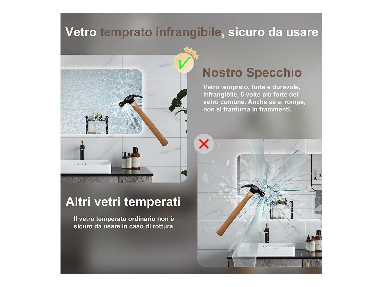 AICA Specchio da bagno 80 x 60 cm, dimmerabile, interruttore touch, Funzione Memoria