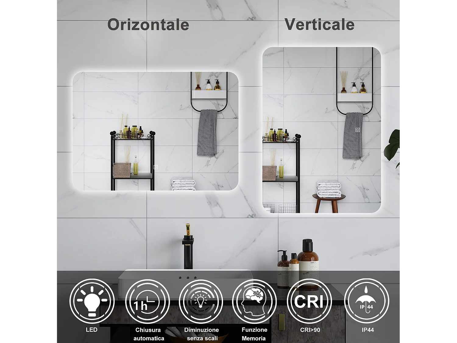 AICA Specchio da bagno 80 x 60 cm, dimmerabile, interruttore touch, Funzione Memoria