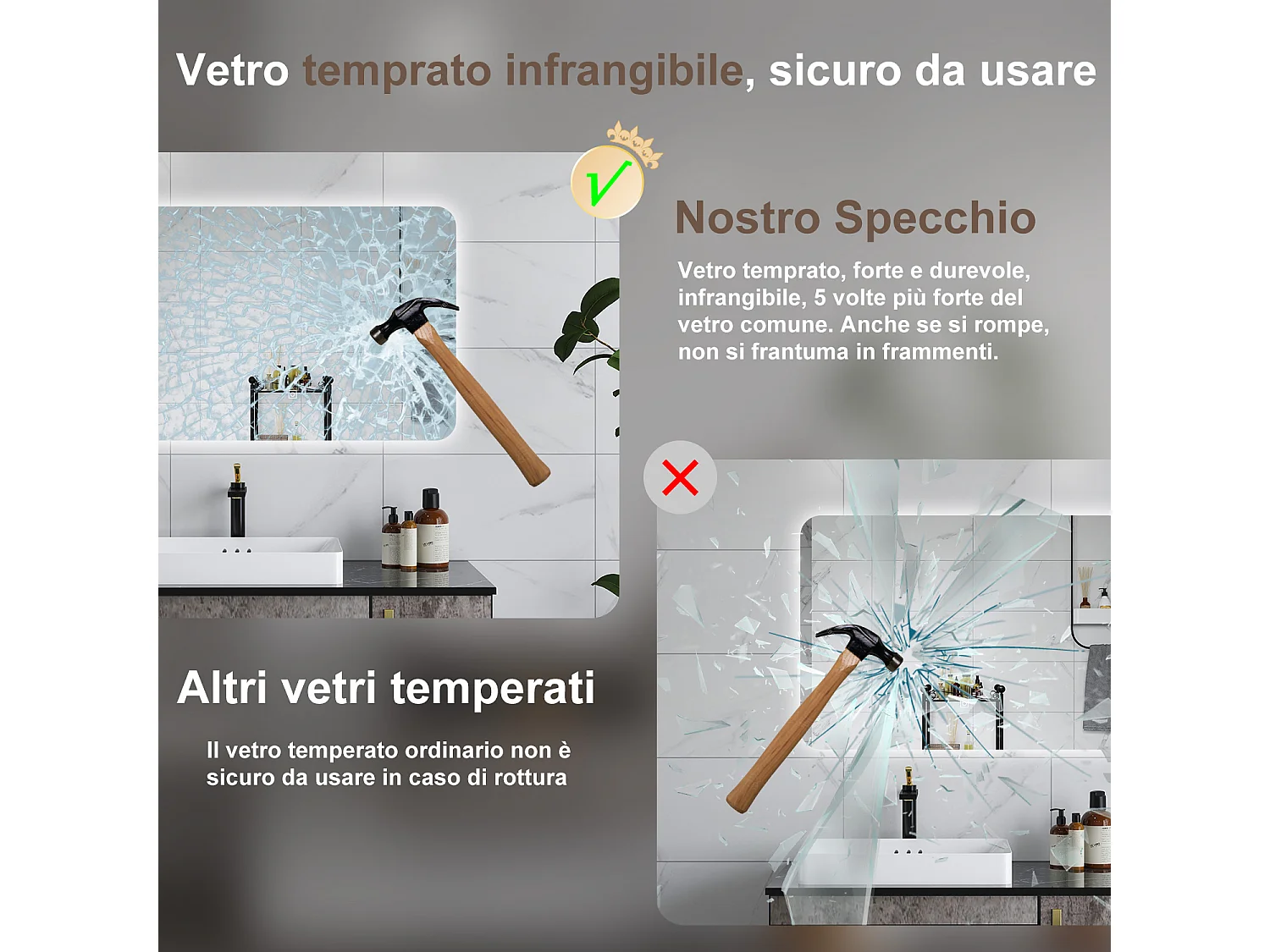 AICA Specchio da bagno 80 x 60 cm, dimmerabile, interruttore touch, Funzione Memoria