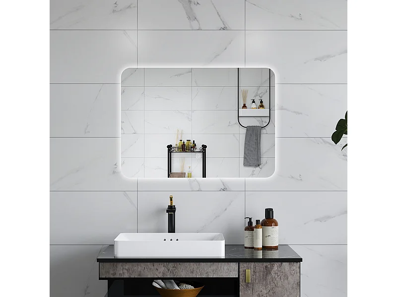 AICA Specchio da bagno 80 x 60 cm, dimmerabile, interruttore touch, Funzione Memoria