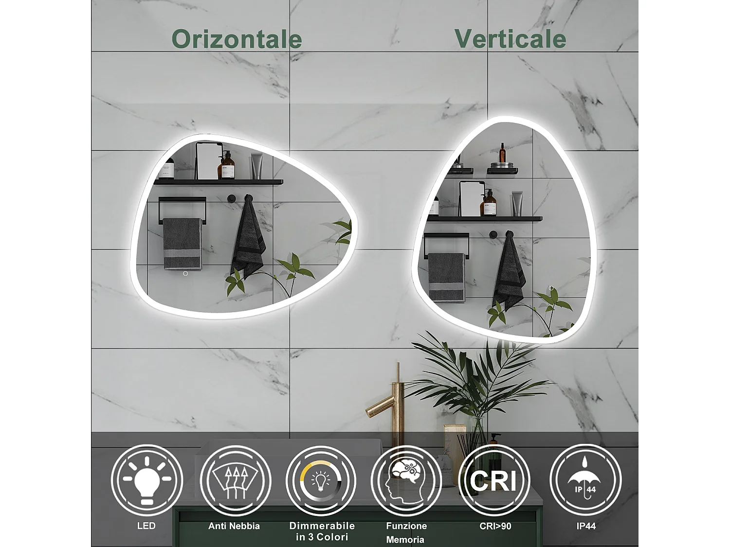 AICA Specchio da bagno 100 x 80 cm, dimmerabile, Funzione Memoria, antiappannamento, 3 colori