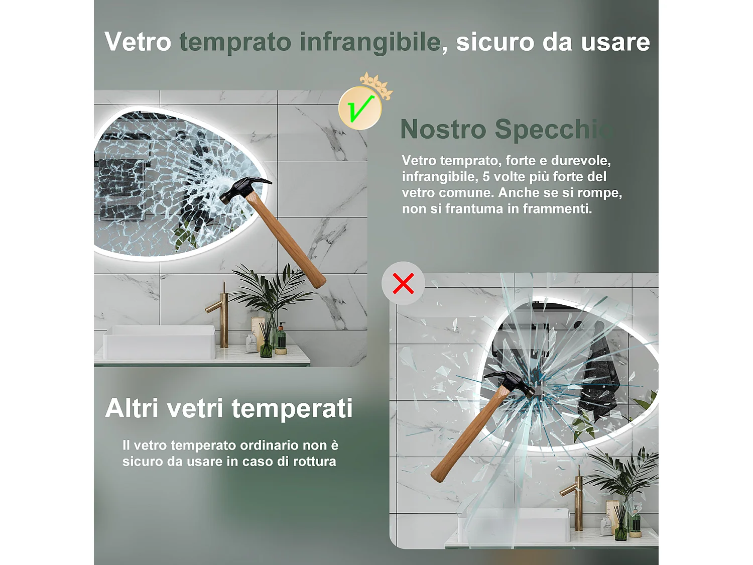 AICA Specchio da bagno 100 x 80 cm, dimmerabile, Funzione Memoria, antiappannamento, 3 colori