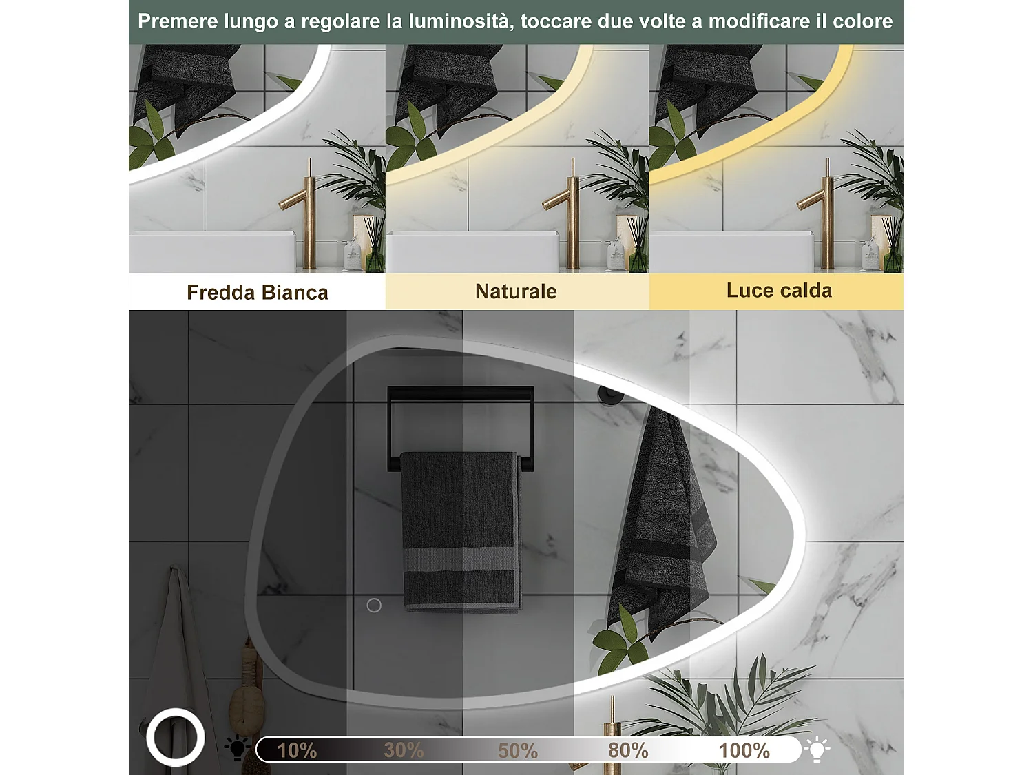 AICA Specchio da bagno 100 x 80 cm, dimmerabile, Funzione Memoria, antiappannamento, 3 colori