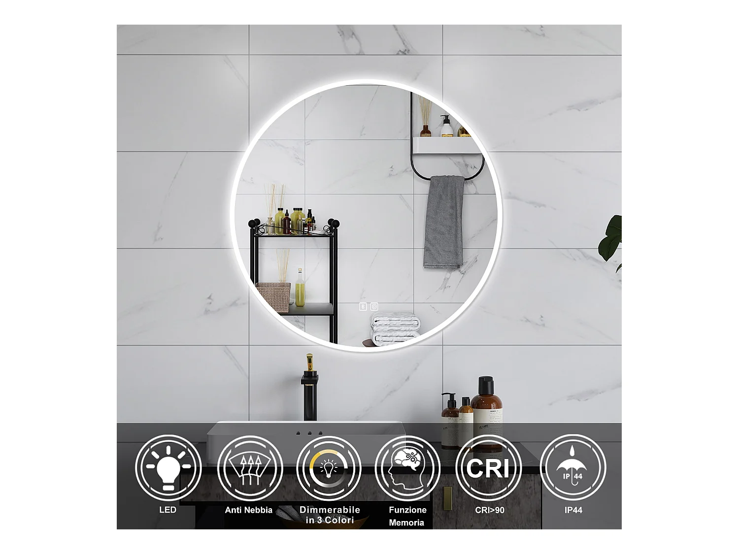 AICA Specchio da bagno 70 x 70 cm, blue tooth, 3 colori, antiappannamento, dimmerabile, interruttore touch, Funzione Memoria