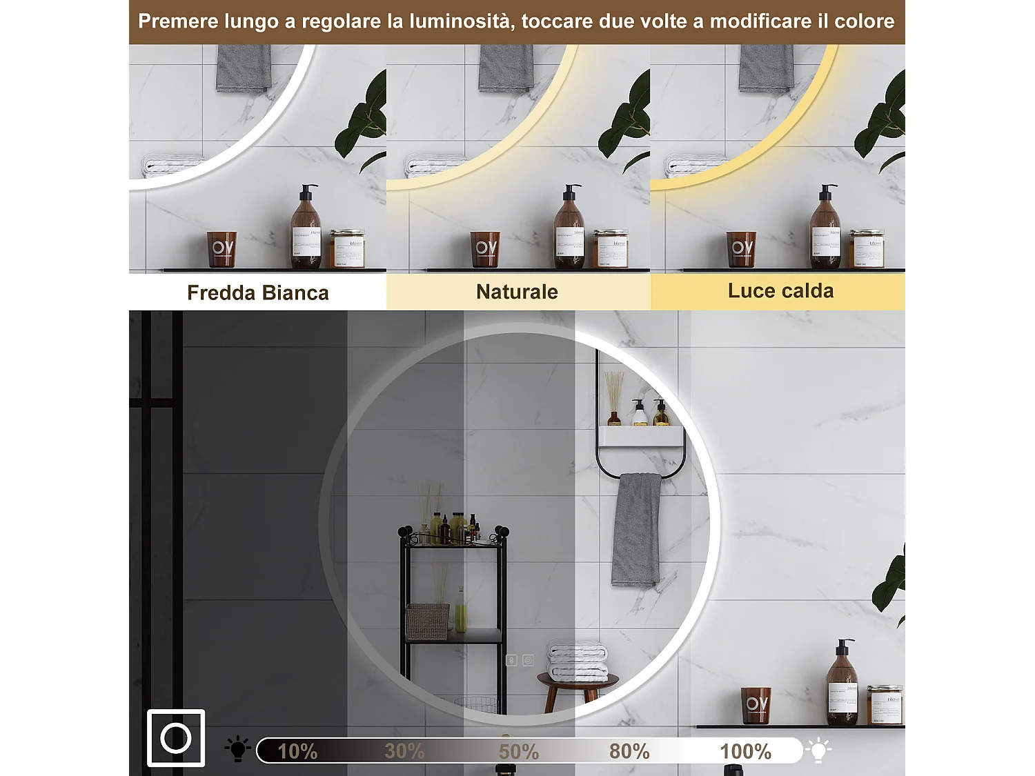 AICA Specchio da bagno 70 x 70 cm, blue tooth, 3 colori, antiappannamento, dimmerabile, interruttore touch, Funzione Memoria