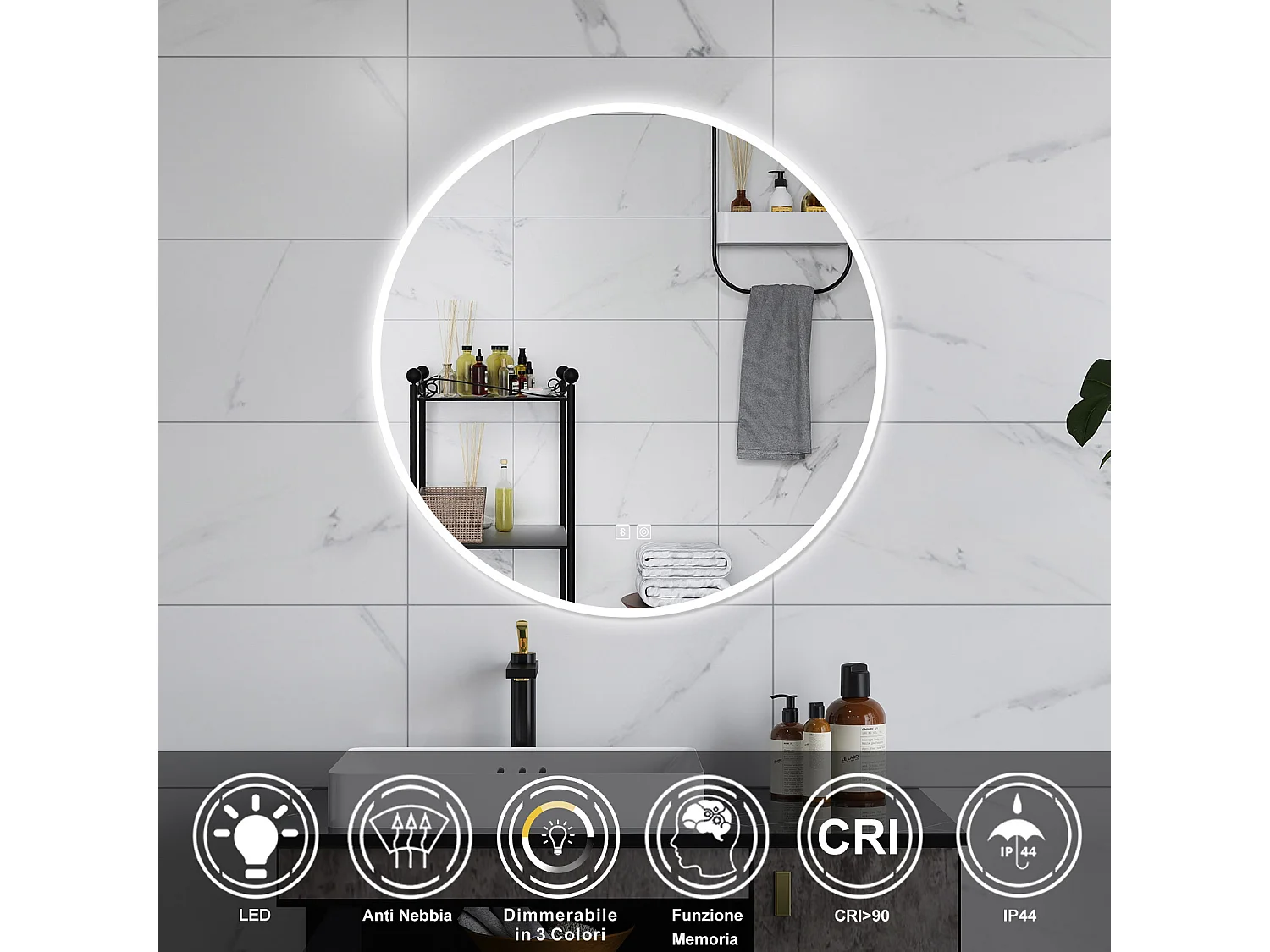 AICA Specchio da bagno 70 x 70 cm, blue tooth, 3 colori, antiappannamento, dimmerabile, interruttore touch, Funzione Memoria