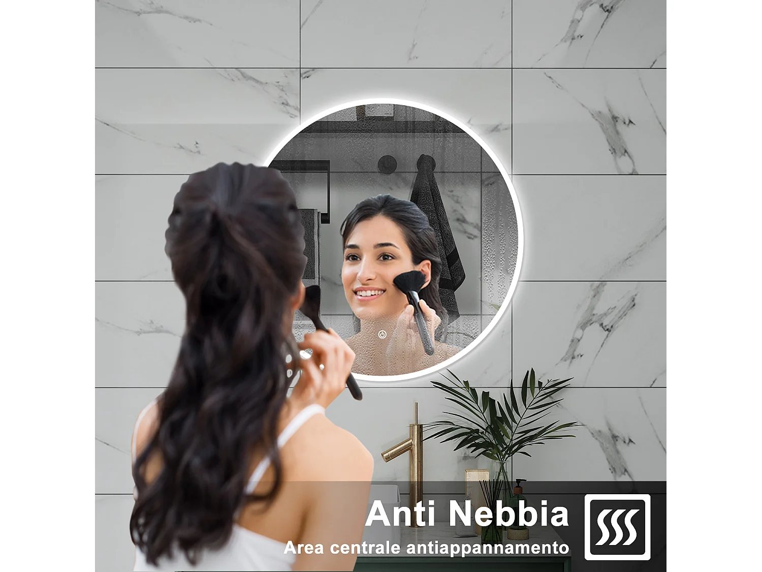 AICA Specchio da bagno 60 x 60 cm, 3 colori, antiappannamento, dimmerabile, interruttore touch, Funzione Memoria