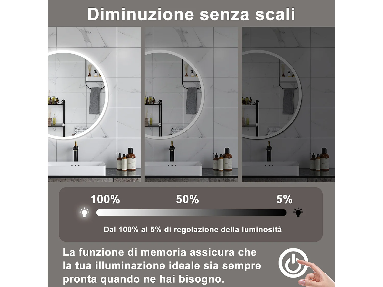 AICA Specchio da bagno 80 x 80 cm, antiappannamento, dimmerabile, interruttore touch, Funzione Memoria