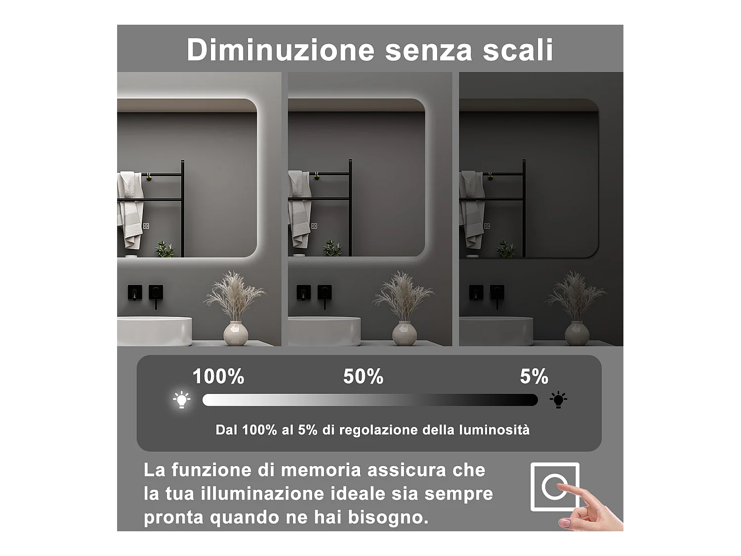 AICA Specchio da bagno 100 x 60 cm, dimmerabile, interruttore touch, Funzione Memoria