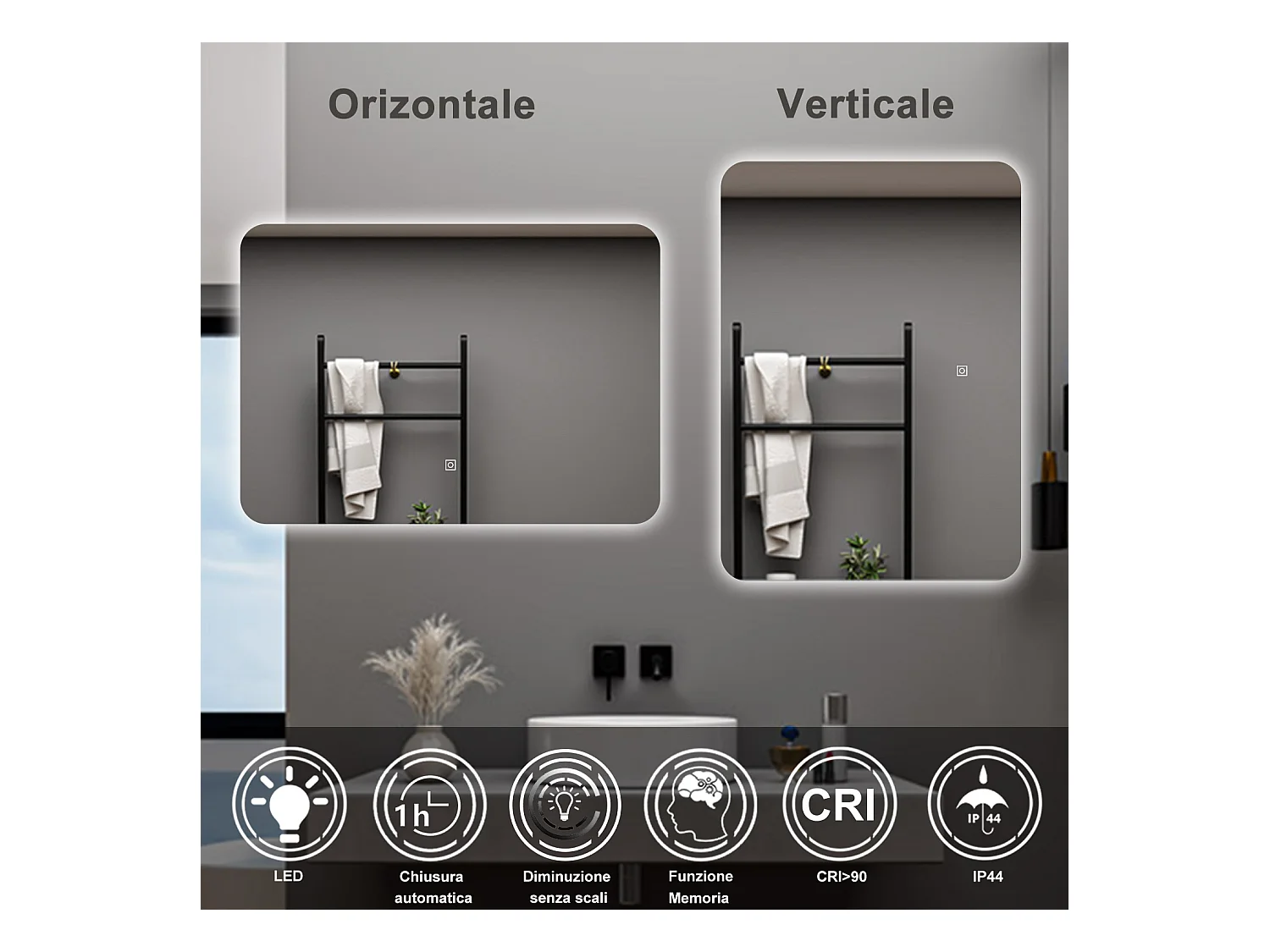 AICA Specchio da bagno 100 x 60 cm, dimmerabile, interruttore touch, Funzione Memoria