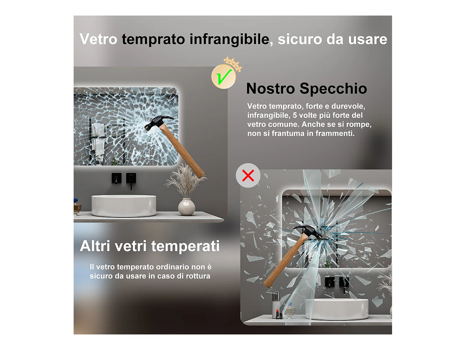 AICA Specchio da bagno 100 x 60 cm, dimmerabile, interruttore touch, Funzione Memoria