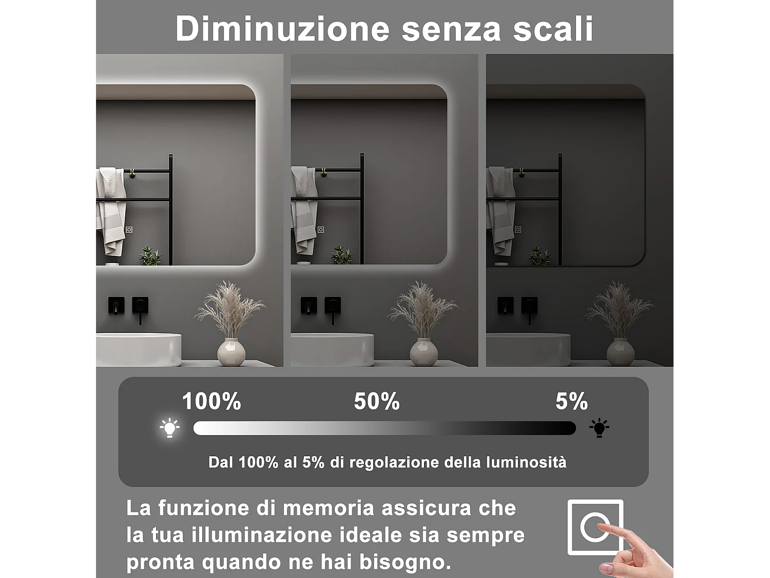 AICA Specchio da bagno 100 x 60 cm, dimmerabile, interruttore touch, Funzione Memoria