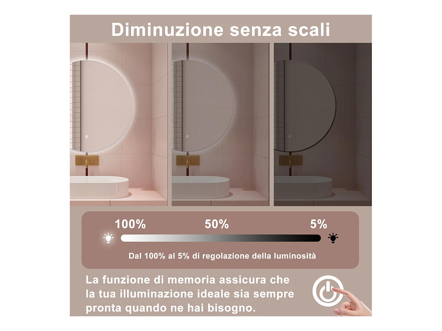 AICA Specchio da bagno 80 x 80 cm, antiappannamento, dimmerabile, interruttore touch, Funzione Memoria