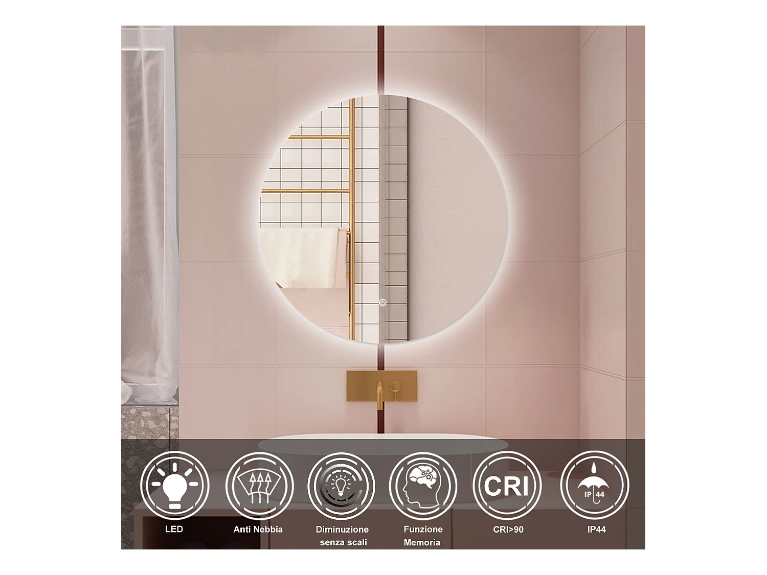 AICA Specchio da bagno 80 x 80 cm, antiappannamento, dimmerabile, interruttore touch, Funzione Memoria