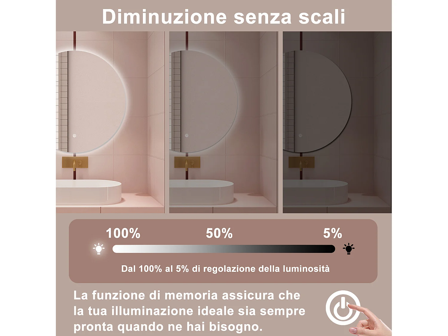 AICA Specchio da bagno 80 x 80 cm, antiappannamento, dimmerabile, interruttore touch, Funzione Memoria