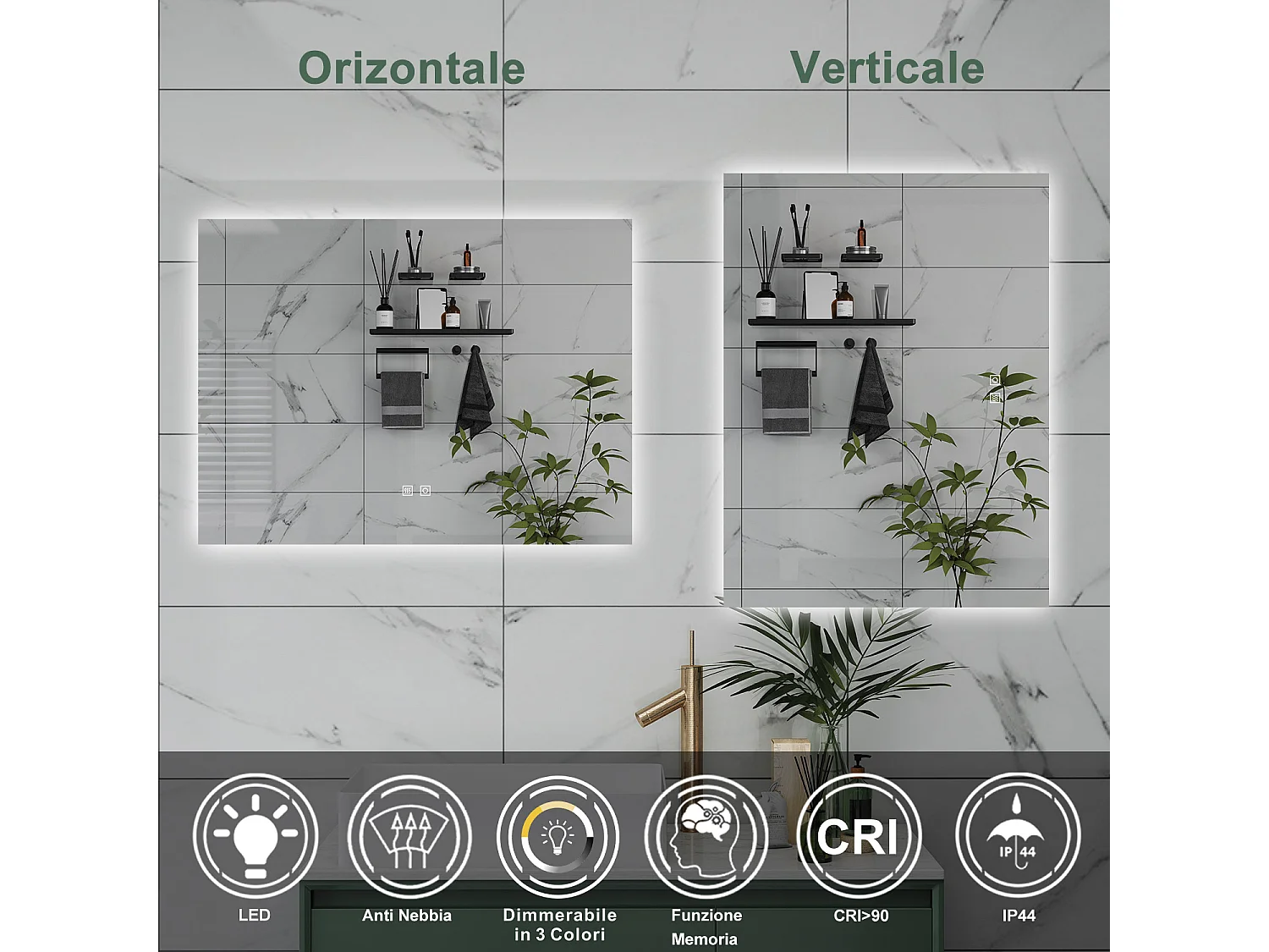 AICA Specchio da bagno  100 x 60 cm, dimmerabile, Funzione Memoria, antiappannamento, 3 colori