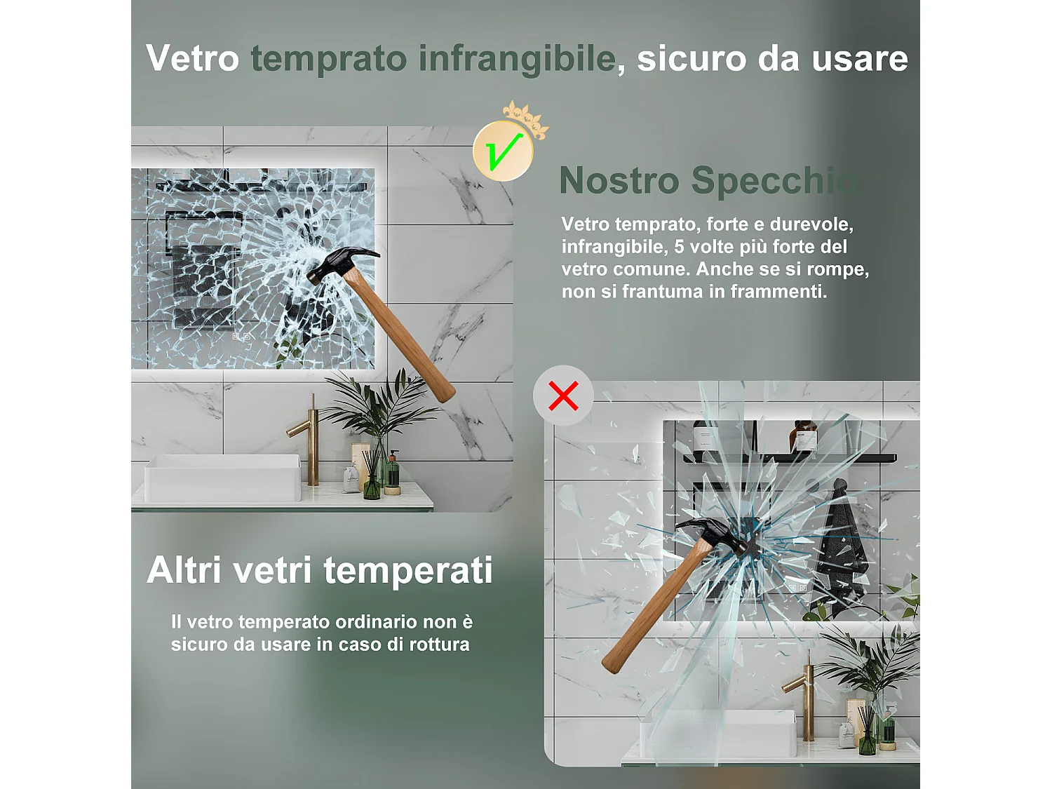 AICA Specchio da bagno  100 x 60 cm, dimmerabile, Funzione Memoria, antiappannamento, 3 colori