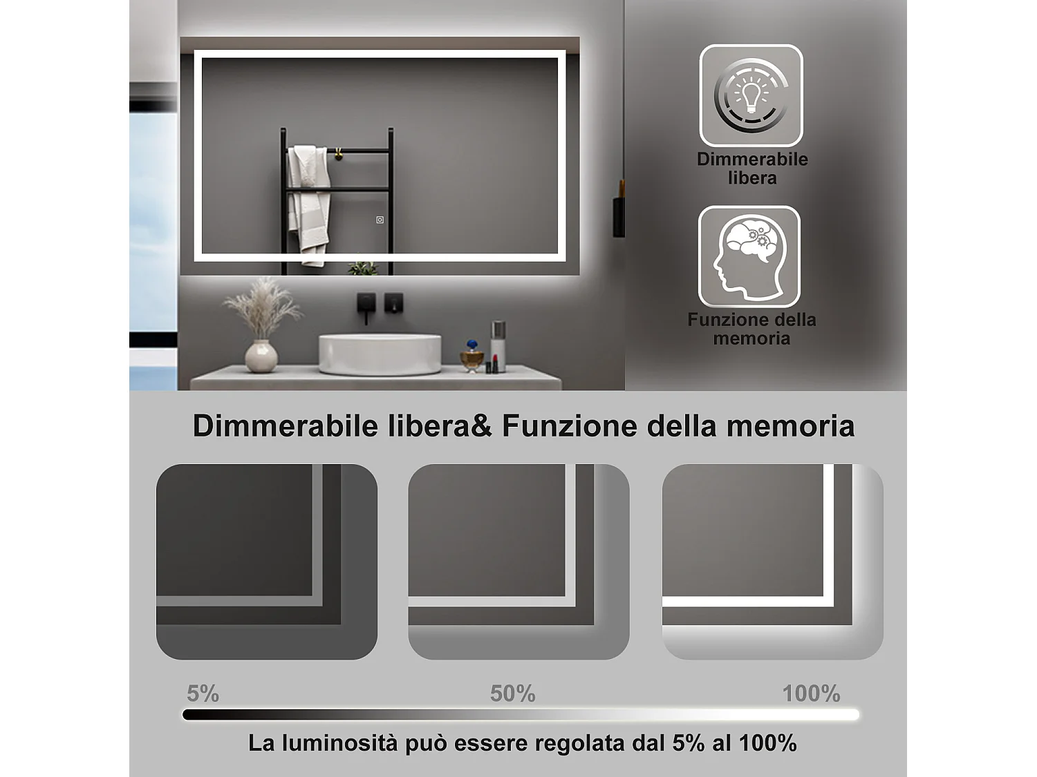 AICA Specchio da bagno  80 x 60 cm, dimmerabile, interruttore touch, Funzione Memoria, antiappannamento