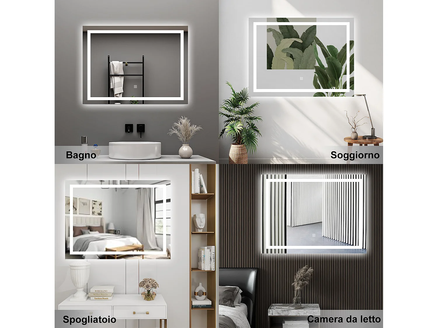 AICA Specchio da bagno  80 x 60 cm, dimmerabile, interruttore touch, Funzione Memoria, antiappannamento