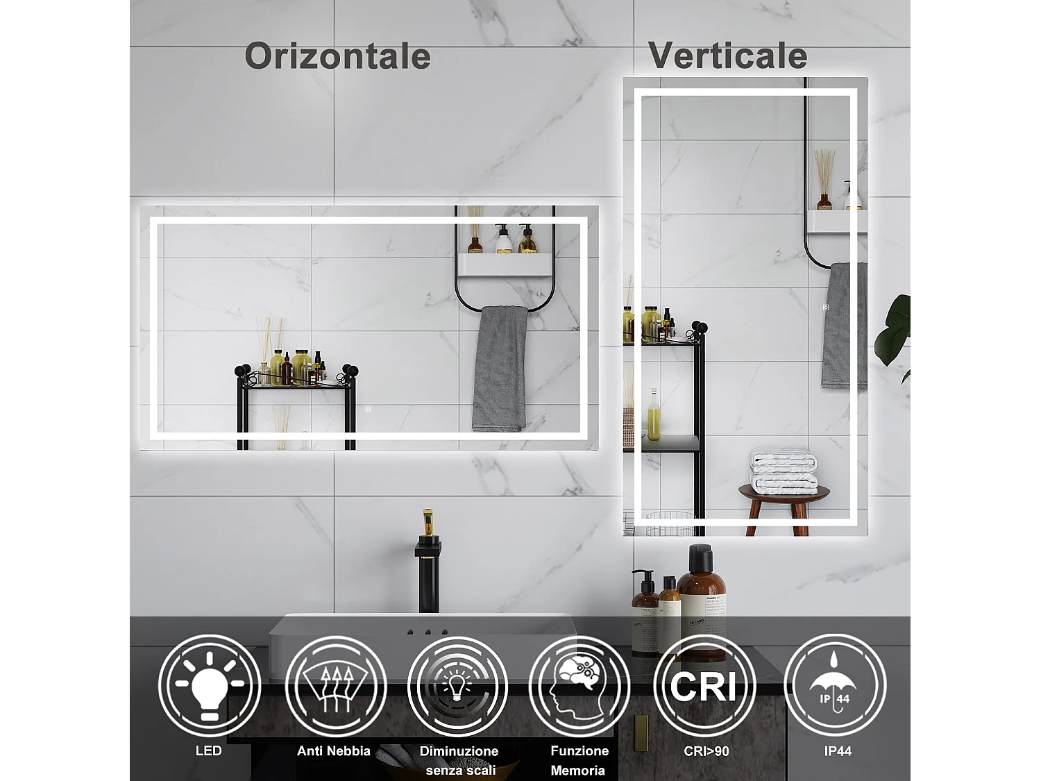 AICA Specchio da bagno  80 x 120 cm, dimmerabile, interruttore touch, Funzione Memoria, antiappannamento