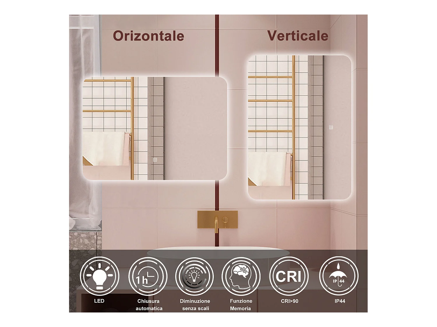 AICA Specchio da bagno 100 x 60 cm, dimmerabile, interruttore touch, Funzione Memoria