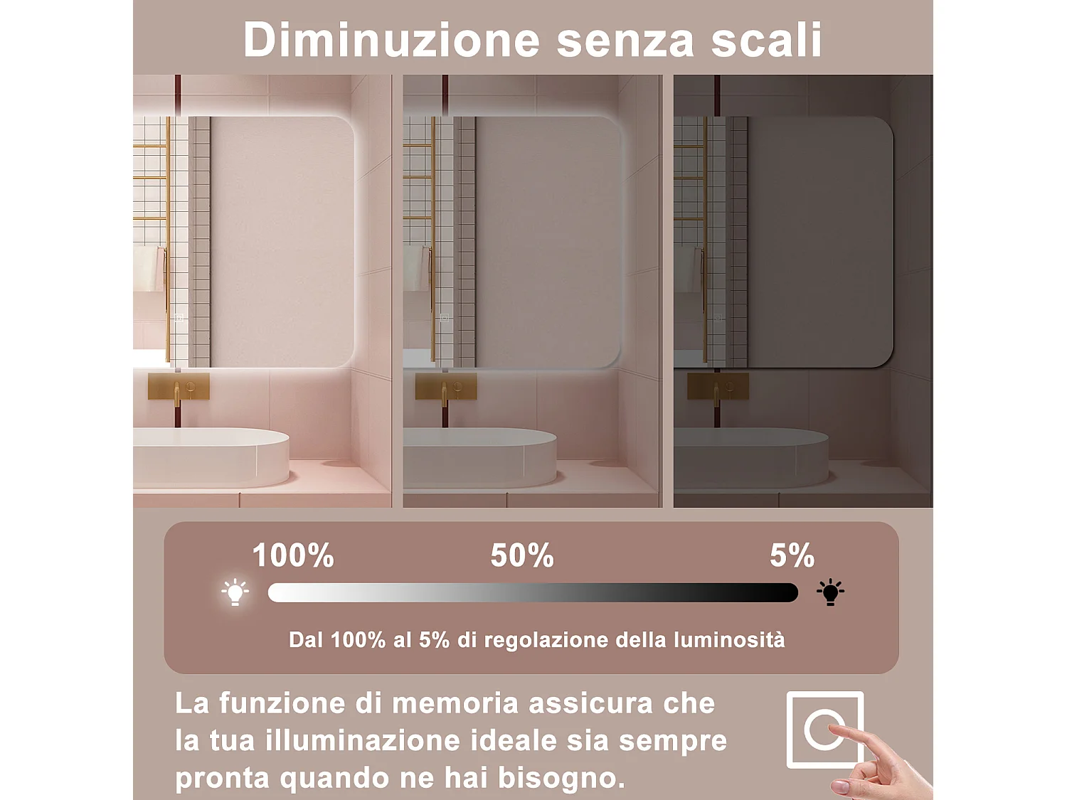AICA Specchio da bagno 100 x 60 cm, dimmerabile, interruttore touch, Funzione Memoria