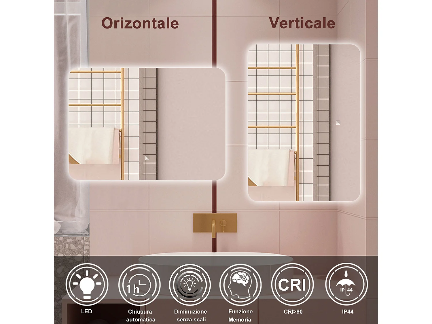 AICA Specchio da bagno 100 x 60 cm, dimmerabile, interruttore touch, Funzione Memoria