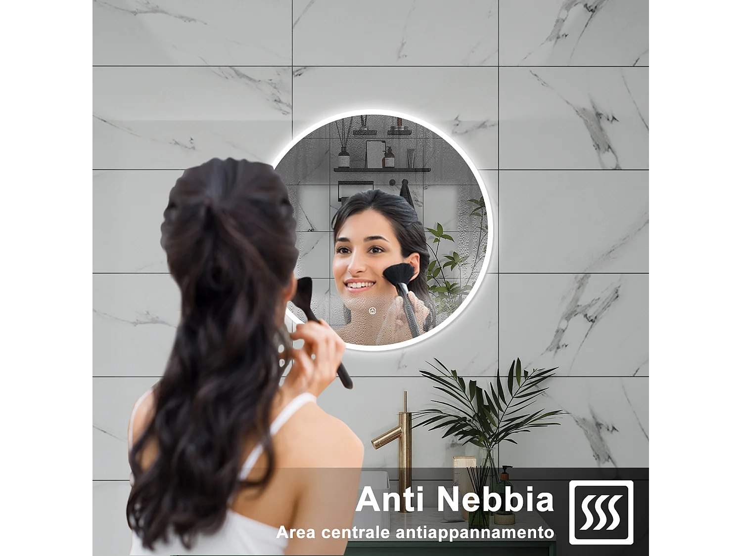 AICA Specchio da bagno 70 x 70 cm, antiappannamento, dimmerabile, interruttore touch, Funzione Memoria