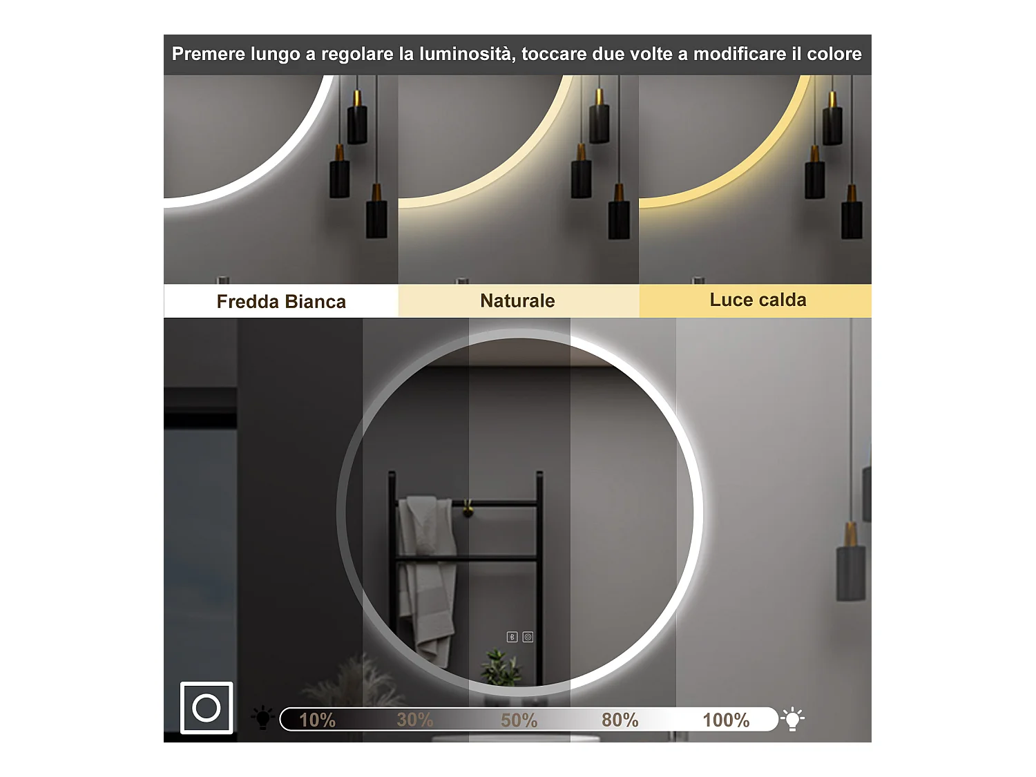 AICA Specchio da bagno 70 x 70 cm, blue tooth, 3 colori, antiappannamento, dimmerabile, interruttore touch, Funzione Memoria