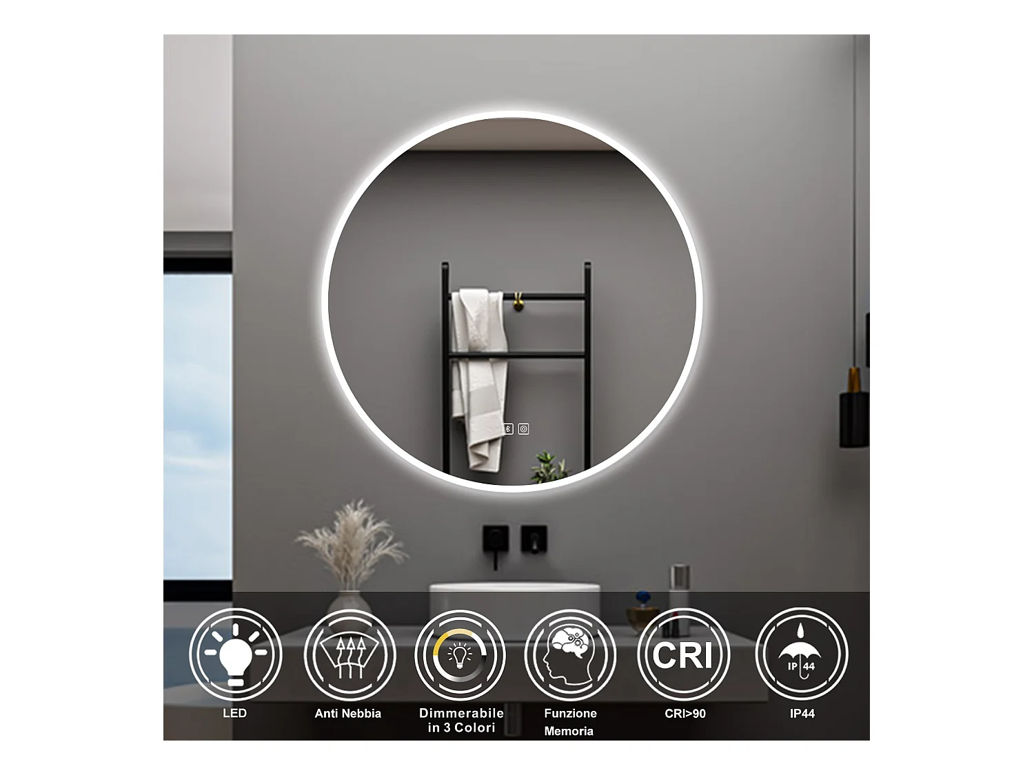 AICA Specchio da bagno 70 x 70 cm, blue tooth, 3 colori, antiappannamento, dimmerabile, interruttore touch, Funzione Memoria